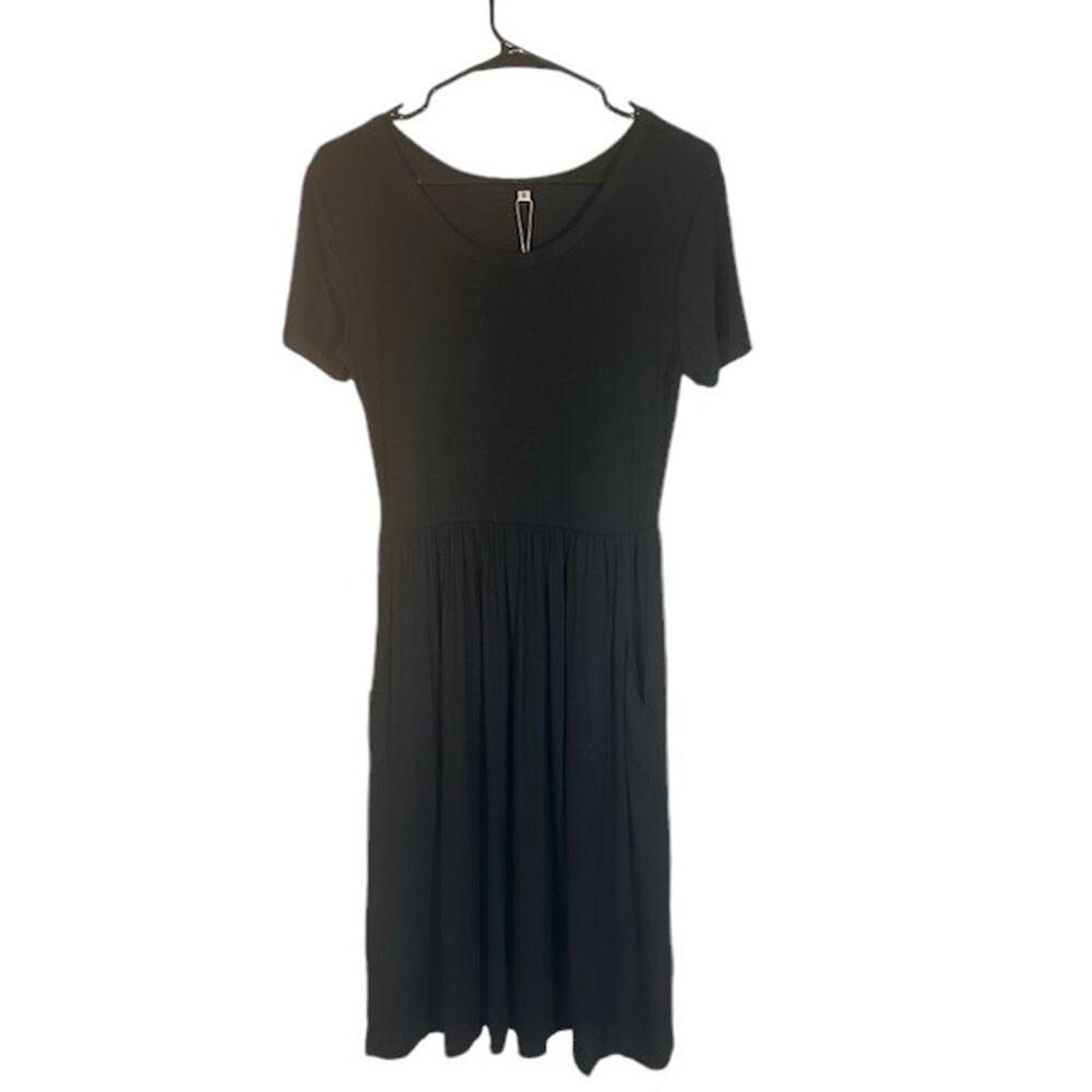 Auselily Black Short Sleeve Scoop Neck Basic Simple Dress Women Sz S